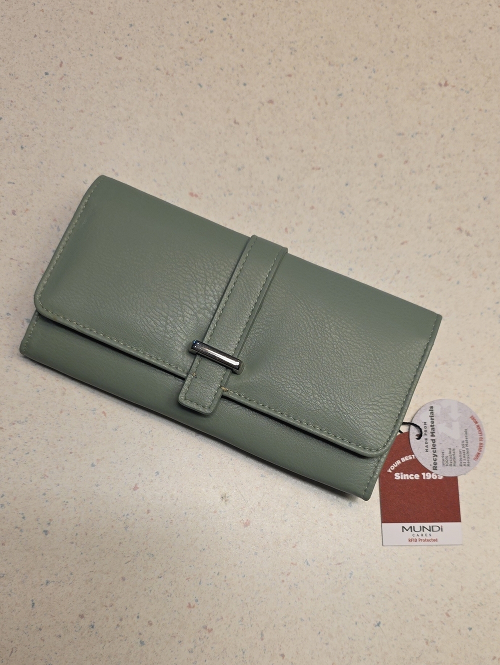 Mundi Sage Green Faux Leather Clutch Wallet RFID Protection Tri-Fold - NEW